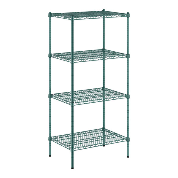 A green wire shelving unit with four shelves.