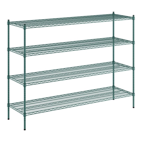 A Regency green wire shelving unit with four shelves.