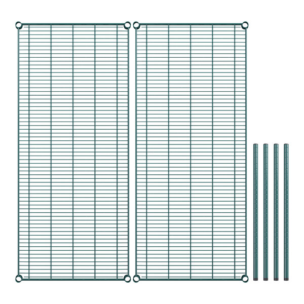 A green wire grid shelf with two metal poles.