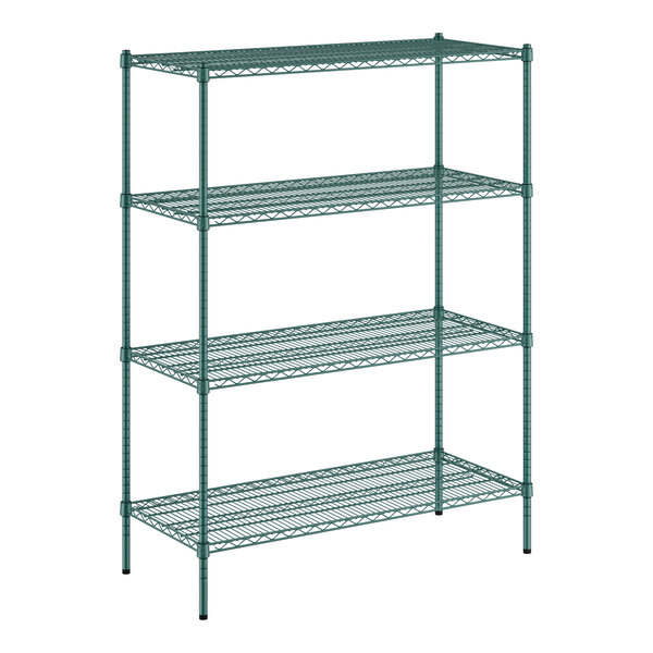 A green metal Regency wire shelving unit with four shelves.