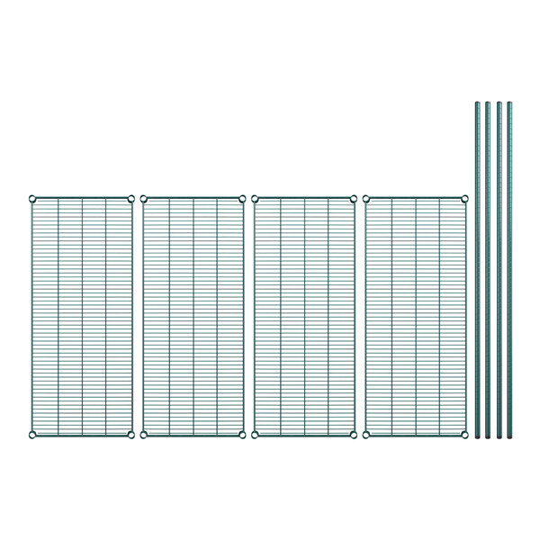 A set of four green wire mesh shelves with metal poles.