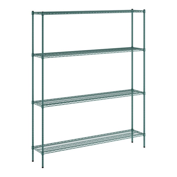 A green metal wire shelving unit with four shelves.