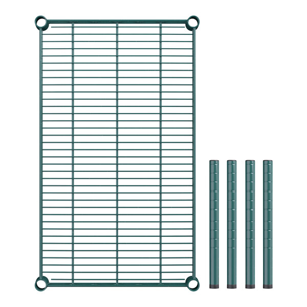 A Regency green metal wire rack with one shelf and four poles.