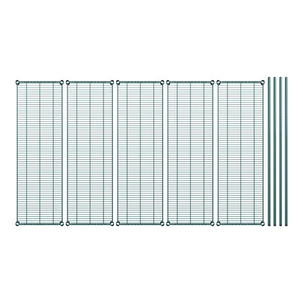 Regency wire shelving kit with green wire mesh panels and rods.