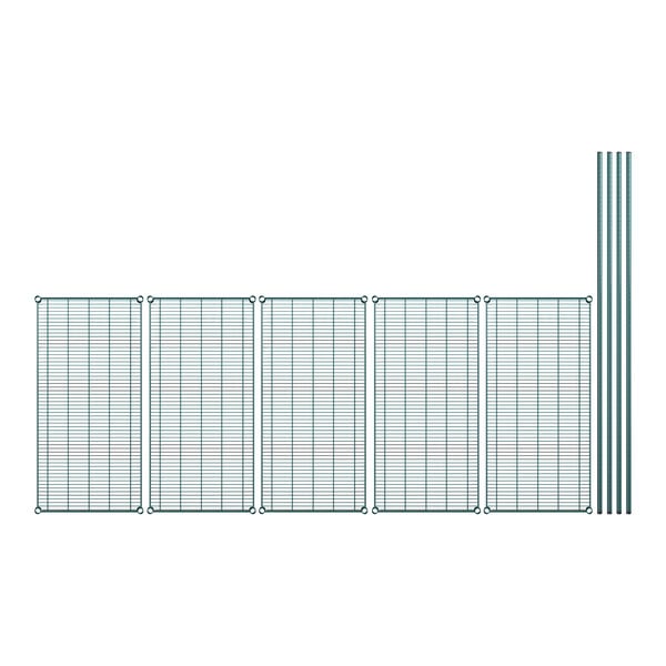 A row of green wire mesh shelves with poles.