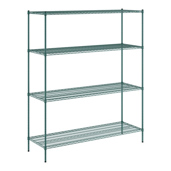 A green metal wire shelving unit with four shelves.