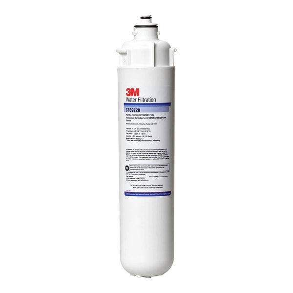 A 3M water filter cartridge with a white body and blue and black text.