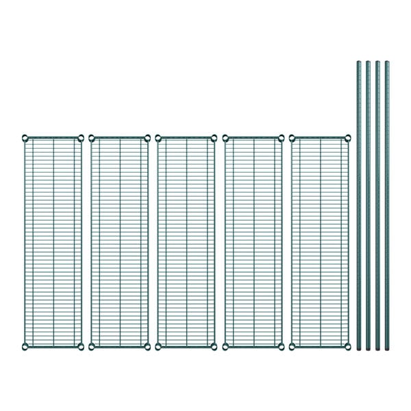 Several green wire racks and metal bars.