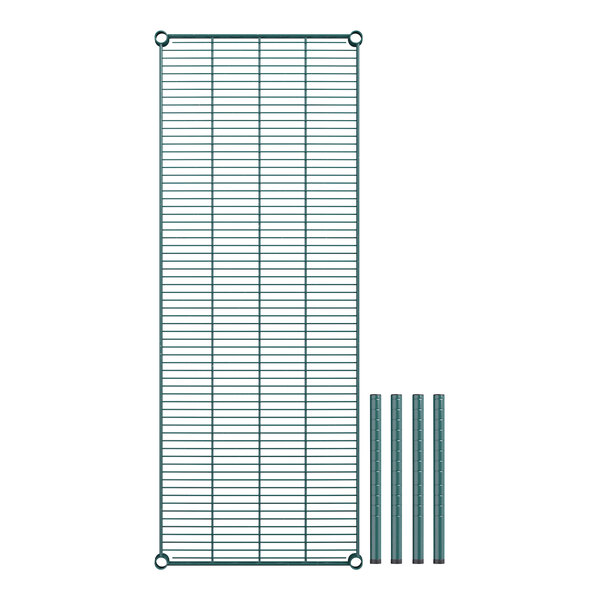 A green metal grid shelf with metal rods.