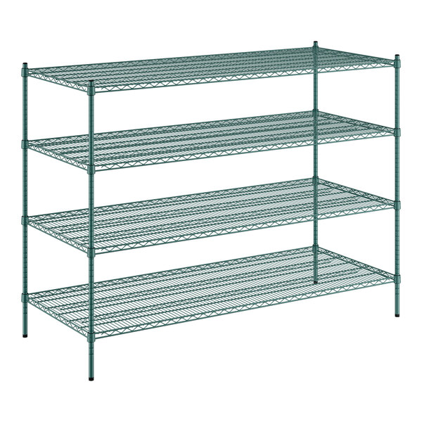 A Regency green wire shelving unit with four shelves.