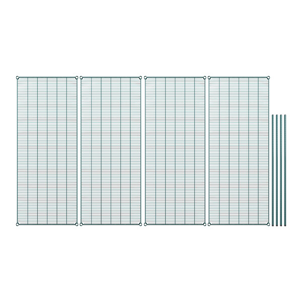 A row of green wire mesh panels and poles.