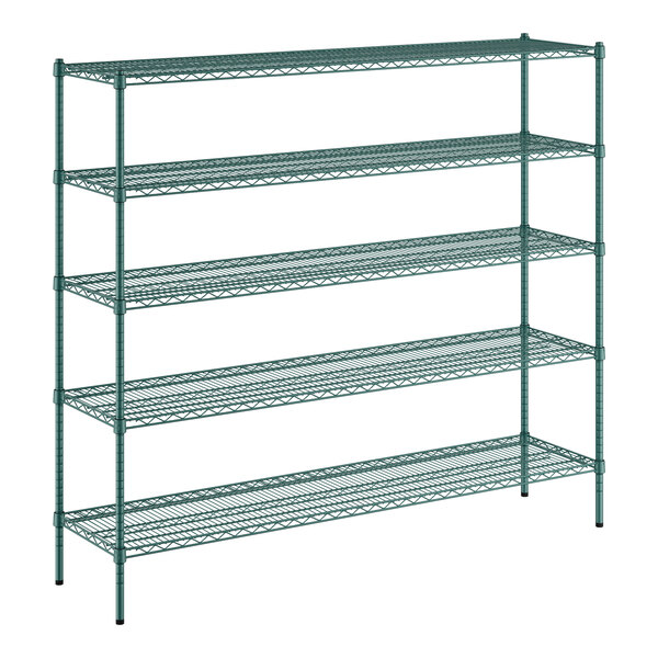 A green metal Regency wire shelving unit with five shelves.