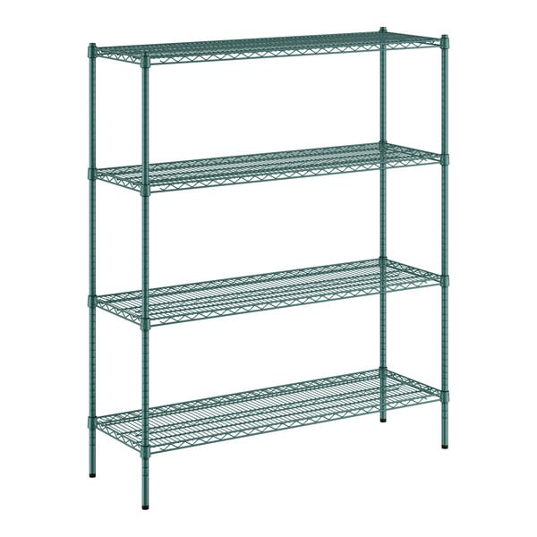 A green metal wire shelving unit with four shelves.