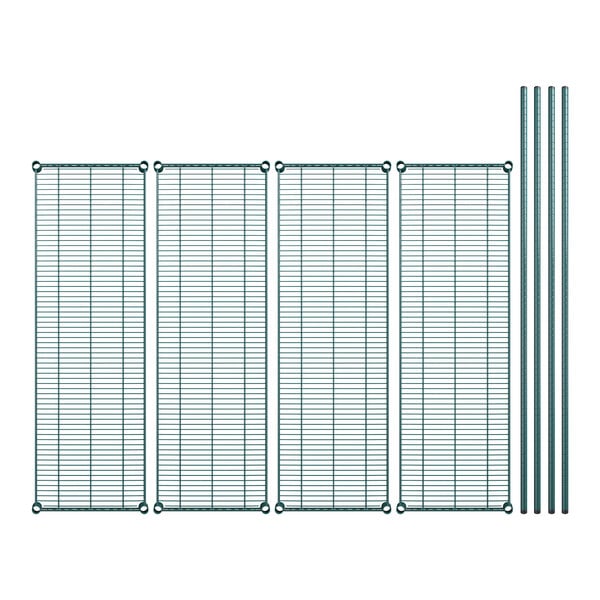 A row of green wire mesh shelves with rods.