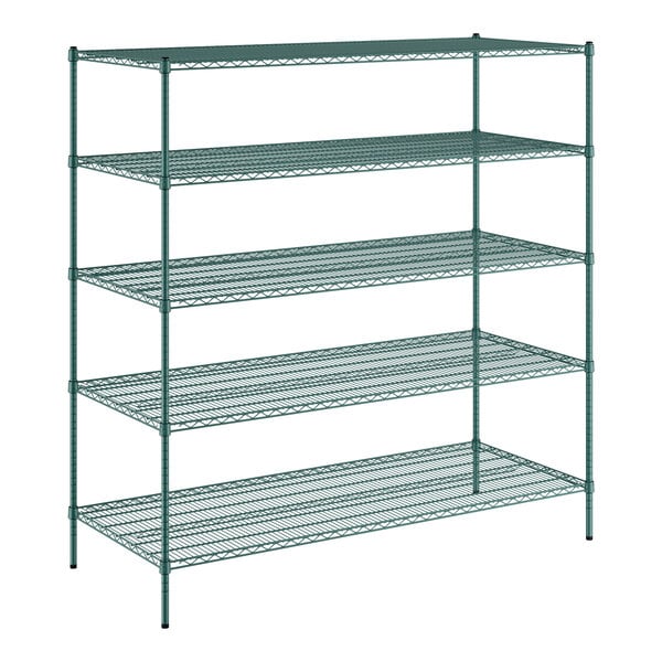 A green Regency wire shelving unit with five shelves.