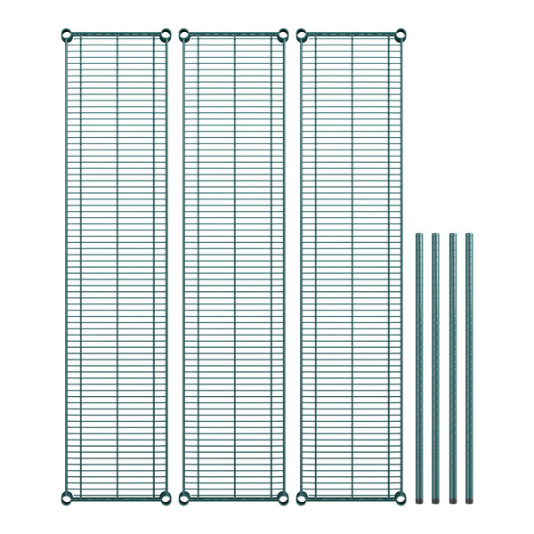 A group of green metal shelves with grid shelves.