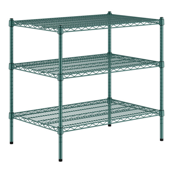 A green metal wire shelving kit with three shelves.