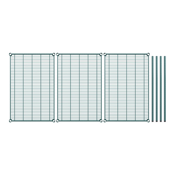 A close-up of three green wire shelves with metal rods.