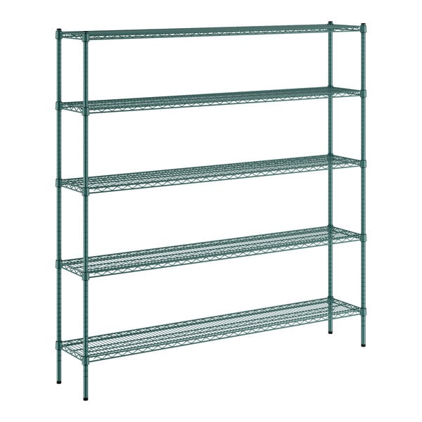 A green Regency wire shelving unit with four shelves.