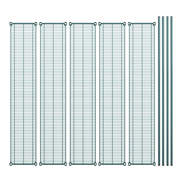 Regency wire shelving kit with green metal shelves and metal bars.