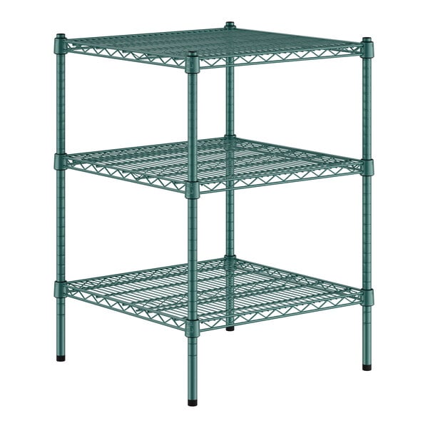 A green metal wire shelf kit with three shelves.