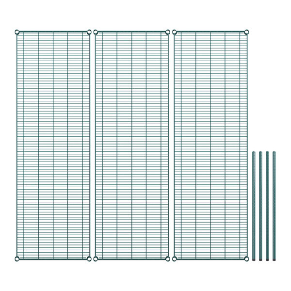 A white background with three green wire mesh shelves.