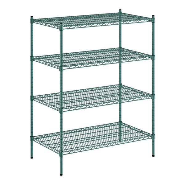 A green metal wire shelving unit with four shelves.