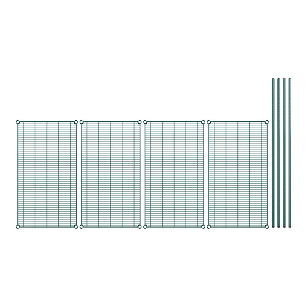 A Regency wire shelving kit with green epoxy wire mesh panels and poles.