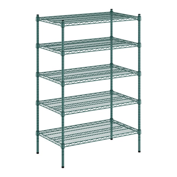 A green wire shelving unit with five shelves.