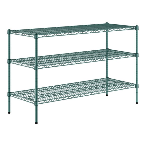 A green metal Regency wire shelving kit with three shelves.