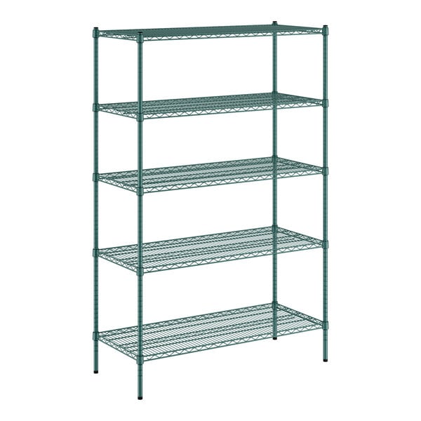 A green metal wire shelving unit with five shelves.