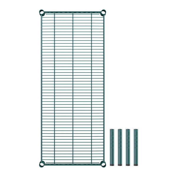 A green metal wire shelf with four poles.