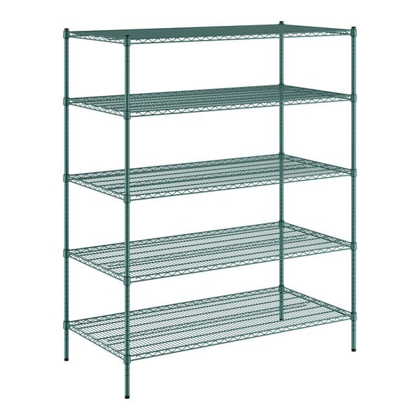 A green metal wire shelving unit with five shelves.