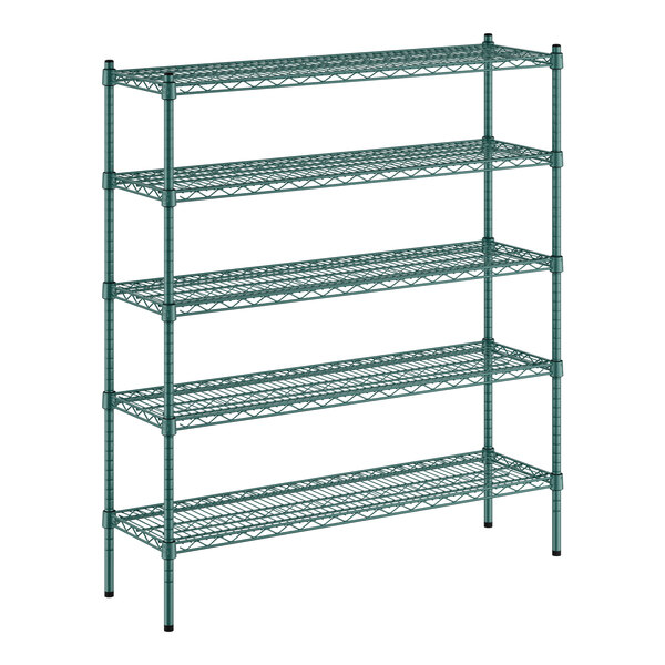 A green Regency wire shelving unit with five shelves.