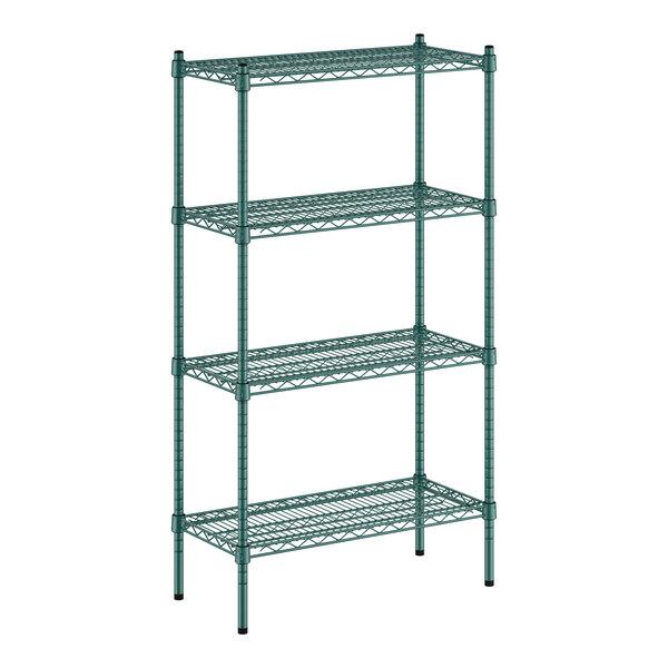 A green Regency wire shelving unit with four shelves.