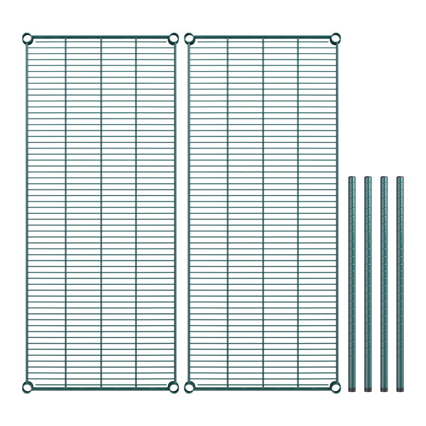 A metal grid with two green wire mesh shelves and metal rods.