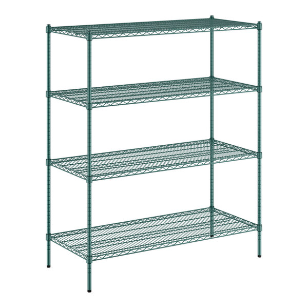 A Regency green wire shelving unit with four shelves.