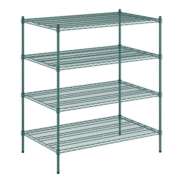 A green wire shelving unit with four shelves.