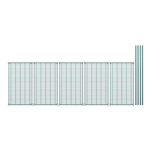 A row of green epoxy wire shelves with metal grids.