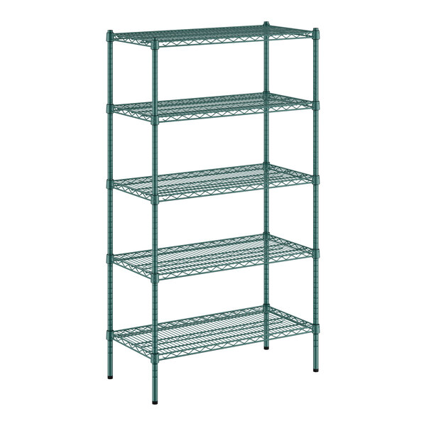 A green Regency wire shelving unit with five shelves.