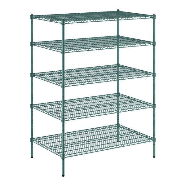 A Regency green wire shelving unit with four shelves.