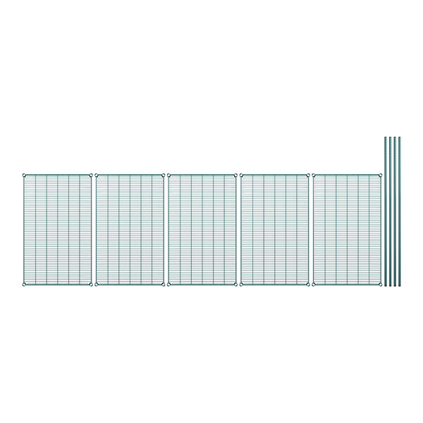 A close-up of a green metal grid with several bars.