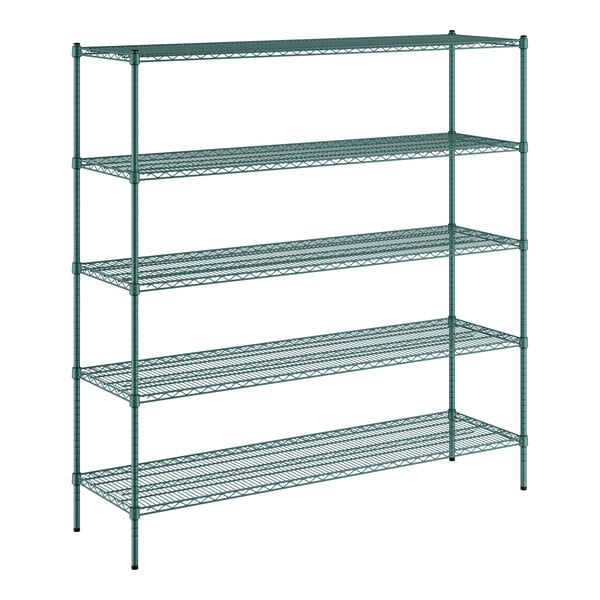 A green metal wire shelving unit with five shelves.