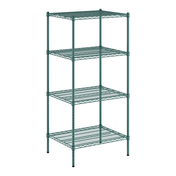 A green Regency wire shelving unit with four shelves.