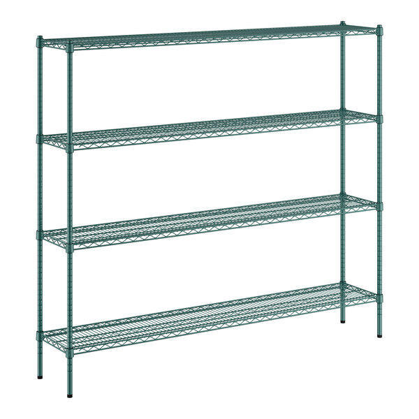 A green metal wire shelving unit with four shelves.