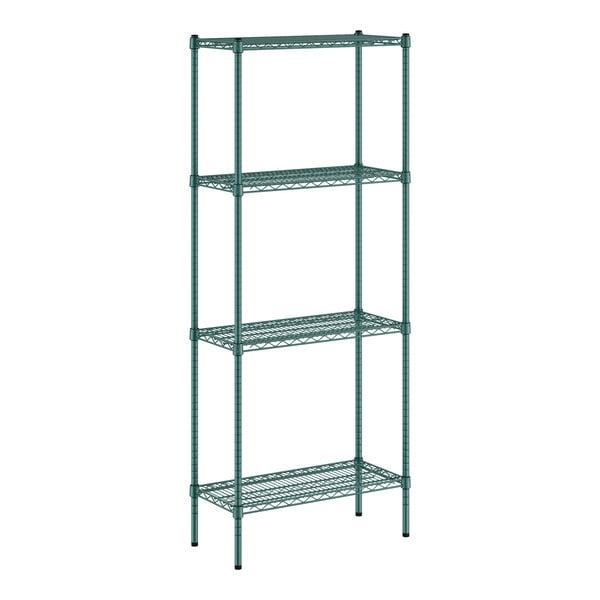 A green metal wire shelving unit with four shelves.