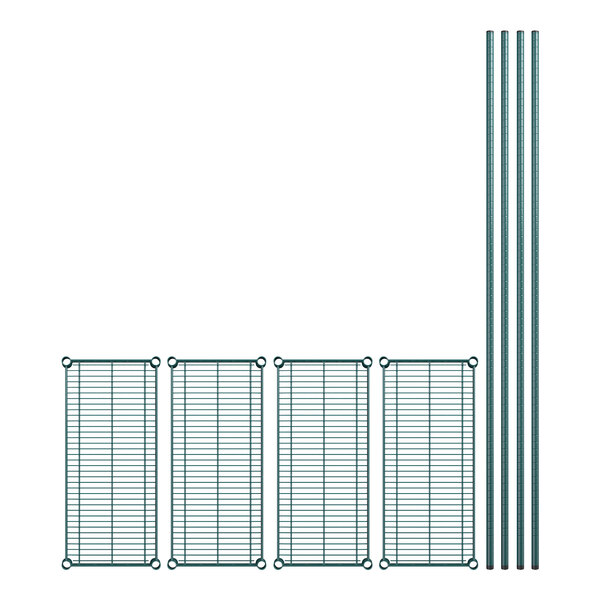 A set of metal bars and wire racks with green epoxy coating.