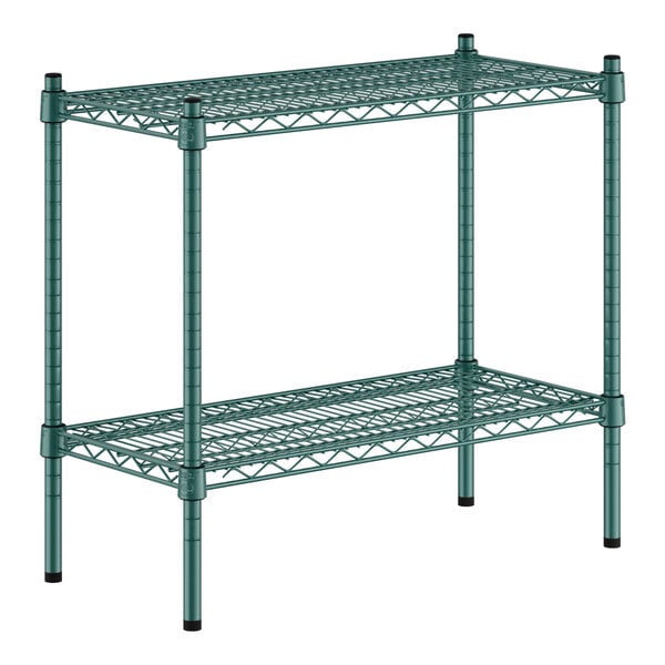 A green metal Regency wire shelving unit with two shelves.