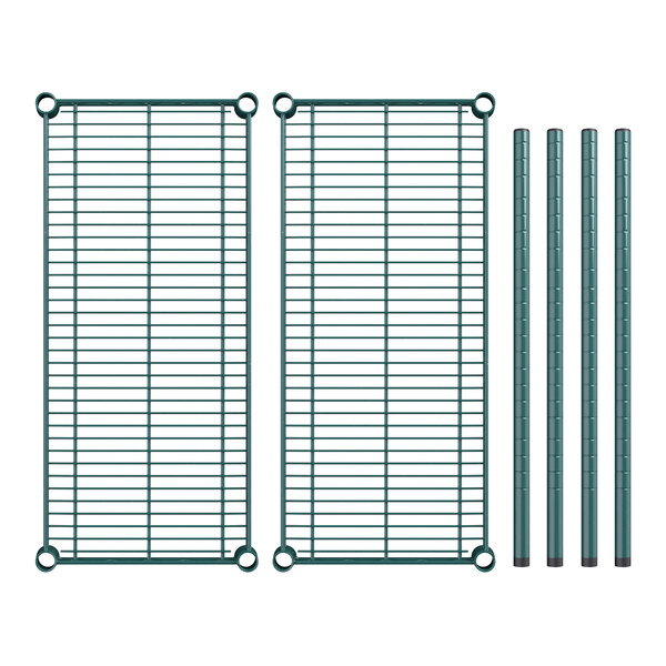 Two green wire metal shelves on metal racks with green poles.