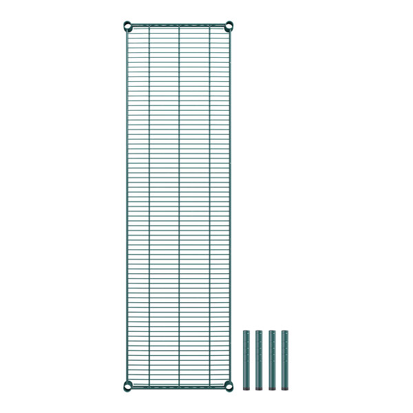 A green wire mesh shelf with metal rods on a white background.